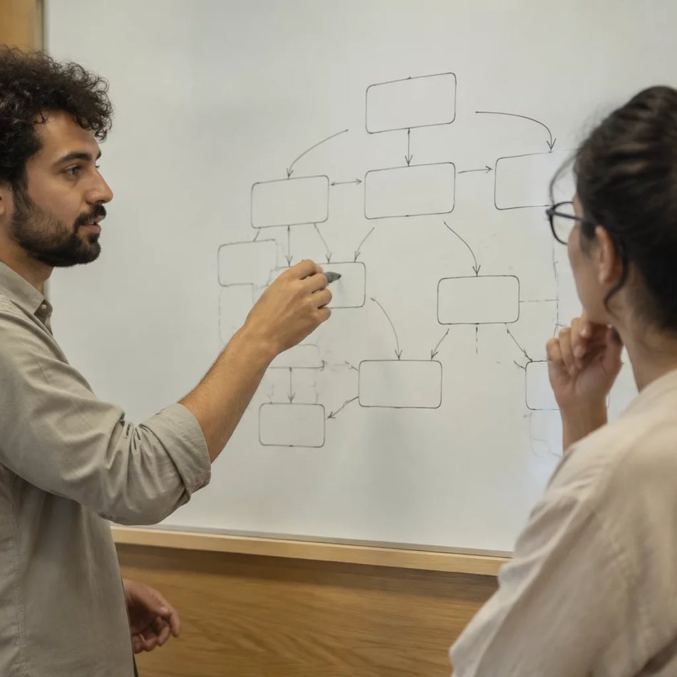 Duas participantes de pé junto ao quadro branco, desenhando as partes de um argumento